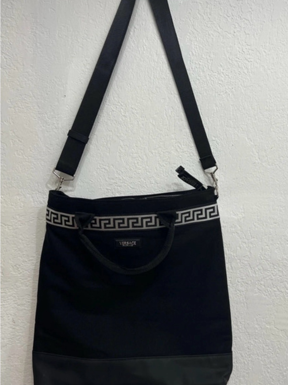 Versace Black Shoulder Tote with Greek Key Trim